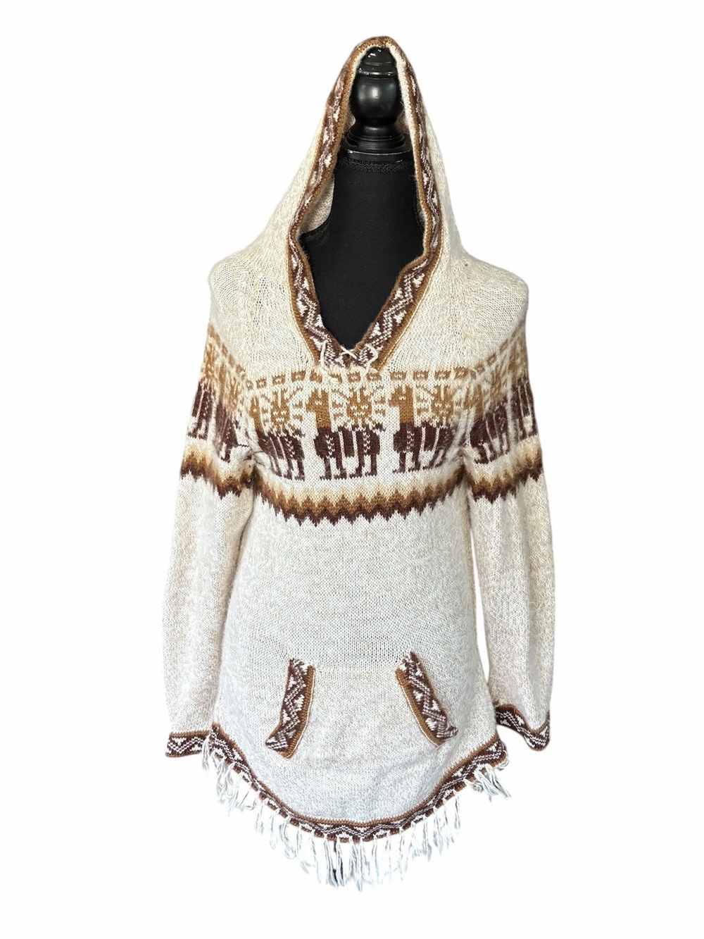 Alpaca Wool Hoodie Sweater Artesania Knit Fringe Boho Aztec Western Hooded Soft